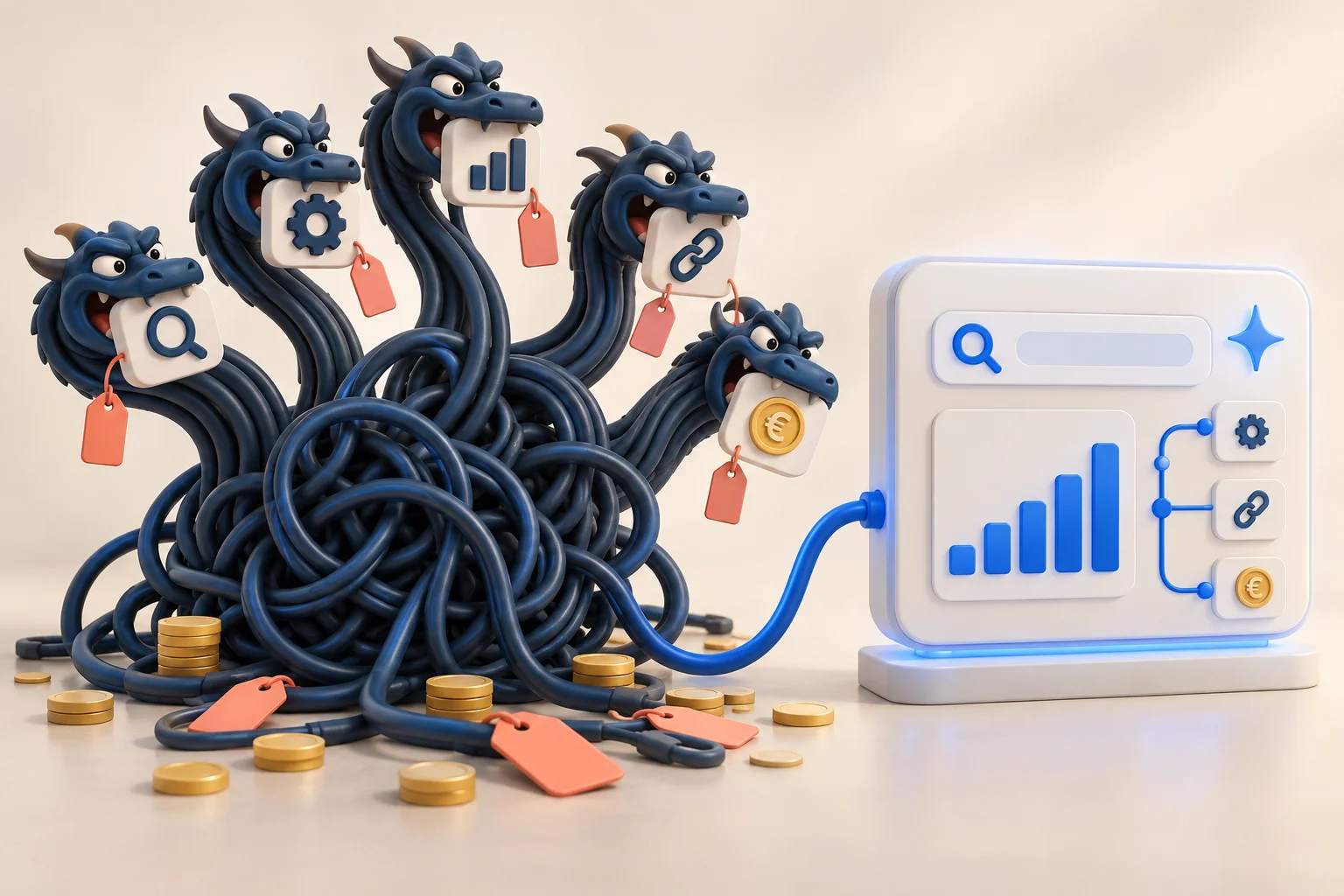 A many-headed hydra of tangled cables, each head carrying a price tag for another SEO tool
